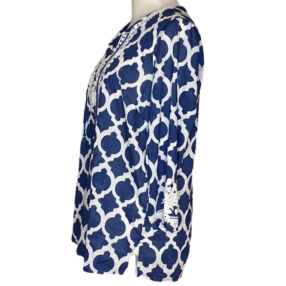 Navy& White Talbots Cotton Bohemian Tunic w/ Embroidery on Neckline & Sleeves Mp - Picture 3 of 8